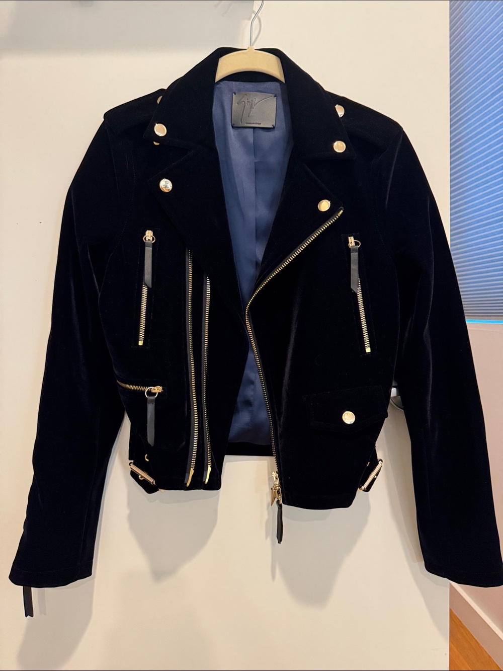 Giuseppe Zanotti Black Velvet Bomber Moto Jacket with Gold Hardware